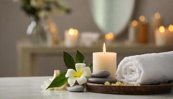 ai gegenereerd spa massage tafel, kom tot rust en gezondheidszorg concept foto