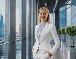 ai gegenereerd jong Kaukasisch vrouw project manager in wolkenkrabber kantoor gebouw foto