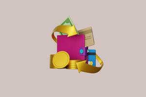 3d portemonnee concept. geld tas, munten stack en bankbiljetten. 3d geven illustratie foto