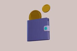 3d portemonnee concept. geld tas, munten stack en bankbiljetten. 3d geven illustratie foto