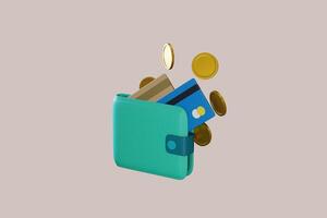 3d portemonnee concept. geld tas, munten stack en bankbiljetten. 3d geven illustratie foto