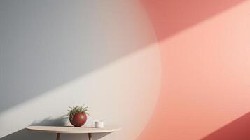 ai gegenereerd minimalistische interieur ontwerp in 3d renderen met vaas Aan wit tafel. foto
