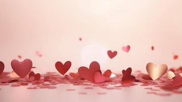 ai gegenereerd Valentijnsdag dag achtergrond met harten Aan roze papier in 3d weergave. foto