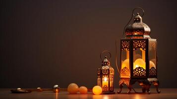 ai gegenereerd Arabisch lantaarns Aan houten tafel. Ramadan kareem achtergrond. foto