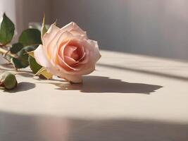 ai gegenereerd roze roos Aan een tafel, ochtend- zonlicht foto