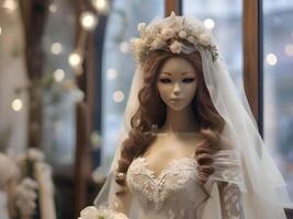ai gegenereerd bruid mannequin in een bruiloft studio foto