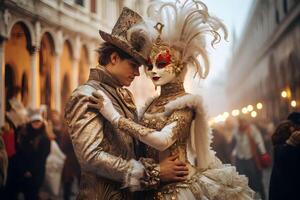 ai gegenereerd mooi detailopname portret van jong paar in traditioneel Venetiaanse carnaval masker en kostuum, dansen Bij de nationaal Venetië festival in Italië. foto