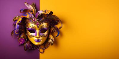 ai gegenereerd kleurrijk traditioneel Venetiaanse of mardi gras carnaval masker met decoratie voor nationaal festival viering Aan Purper - geel achtergrond met kopiëren ruimte. foto