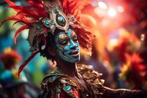 ai gegenereerd mooi detailopname portret van jong Mens in traditioneel samba dans kleding en bedenken voor de braziliaans carnaval. Rio de Janeiro festival in Brazilië. foto