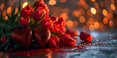 ai gegenereerd feestelijk valentijnsdag achtergrond met sprankelend rood harten decoratie en rood tulpen bloemen. valentijn, moeders, vrouwen dag, bruiloft of verjaardag banier concept met kopiëren ruimte. foto