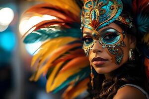 ai gegenereerd mooi detailopname portret van jong vrouw in traditioneel samba dans kleding en bedenken voor de braziliaans carnaval. Rio de Janeiro festival in Brazilië. foto