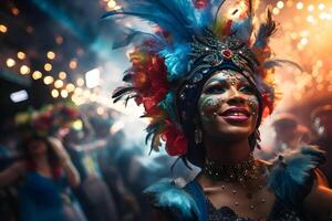 ai gegenereerd mooi detailopname portret van jong vrouw in traditioneel samba dans kleding en bedenken voor de braziliaans carnaval. Rio de Janeiro festival in Brazilië. foto
