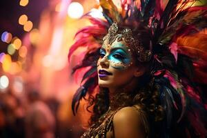 ai gegenereerd mooi detailopname portret van jong vrouw in traditioneel samba dans kleding en bedenken voor de braziliaans carnaval. Rio de Janeiro festival in Brazilië. foto