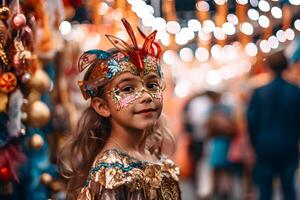 ai gegenereerd mooi detailopname portret van meisje in traditioneel samba dans kleding en bedenken voor de braziliaans carnaval. Rio de Janeiro festival in Brazilië. foto