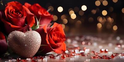 ai gegenereerd feestelijk valentijnsdag achtergrond met sprankelend hart decoratie en rood rozen bloemen. valentijn, moeders, vrouwen dag, bruiloft of verjaardag banier concept met kopiëren ruimte. foto