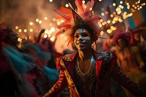 ai gegenereerd mooi detailopname portret van jong Mens in traditioneel samba dans kleding en bedenken voor de braziliaans carnaval. Rio de Janeiro festival in Brazilië. foto