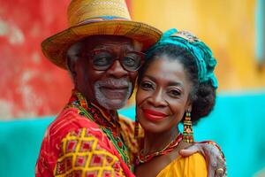 ai gegenereerd zwart geschiedenis maand banier met Afro-Amerikaans ouderen paar portret in nationaal kleren over- rood geel groen achtergrond. juneteenth vrijheid dag viering, Afrikaanse bevrijding dag. foto