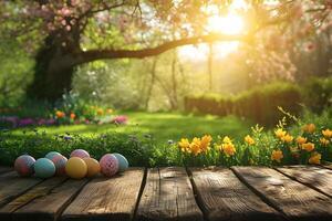 ai gegenereerd Pasen mockup met kleurrijk eieren Aan tuin, weide voorjaar bloemen achtergrond, Aan houten tafel top. Pasen vakantie concept met traditioneel lente decoratie en kopiëren ruimte. foto
