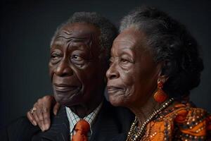 ai gegenereerd zwart geschiedenis maand banier met Afro-Amerikaans elegant ouderen paar portret Aan donker achtergrond. juneteenth vrijheid dag viering, Afrikaanse bevrijding dag concept. foto