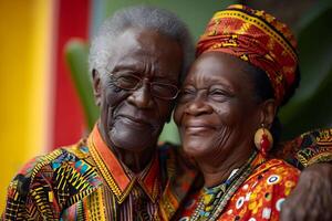 ai gegenereerd zwart geschiedenis maand banier met Afro-Amerikaans ouderen paar portret in nationaal kleren over- rood geel groen achtergrond. juneteenth vrijheid dag viering, Afrikaanse bevrijding dag. foto