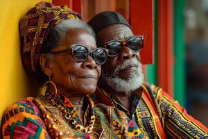 ai gegenereerd zwart geschiedenis maand banier met Afro-Amerikaans ouderen paar portret in nationaal kleren over- rood geel groen achtergrond. juneteenth vrijheid dag viering, Afrikaanse bevrijding dag. foto