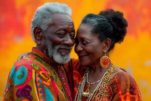 ai gegenereerd zwart geschiedenis maand banier met Afro-Amerikaans ouderen paar portret in nationaal kleren over- rood geel groen achtergrond. juneteenth vrijheid dag viering, Afrikaanse bevrijding dag. foto