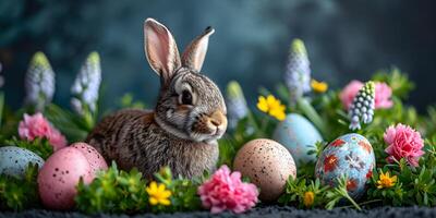 ai gegenereerd Pasen konijn met voorjaar bloemen en kleurrijk geschilderd Pasen eieren Aan blauw achtergrond. vakantie banier concept met schattig konijn en feestelijk decoratie. foto