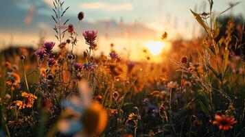 ai gegenereerd bloemen weiden veld- groen fabriek zonsondergang. natuur en landschap reizen. seizoen zomer. stijl vintage. foto