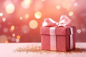 ai gegenereerd rood geschenk doos met roze glinsterende lint, roze geschenk doos met wit glinsterende lint, veel geschenk doos allemaal van centrum van afbeelding, Doorzichtig verlichting, zacht roze en zacht goud bokeh achtergrond foto