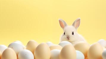 ai gegenereerd gelukkig Pasen schattig konijn zittend met Pasen eieren punt patroon pastel geel achtergrond met copyspace foto