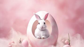 ai gegenereerd gelukkig Pasen wit schattig konijn zittend in de groot ei met Pasen eieren pastel roze achtergrond foto