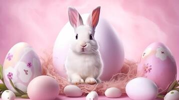 ai gegenereerd gelukkig Pasen schattig konijn zittend Aan de nest met Pasen eieren met zacht pastel roze achtergrond foto