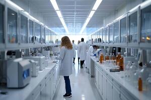 ai gegenereerd ruim modern laboratorium met Geavanceerd uitrusting breed hoek visie van een schoon en goed uitgerust modern laboratorium interieur met wetenschappers dirigeren Onderzoek. foto