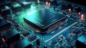 ai gegenereerd detailopname van een Geavanceerd GPU RAM microchip of CPU van een krachtig computer bord voor kunstmatig intelligentie- technologie foto