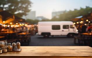 ai gegenereerd hout tafel top en abstract vervagen voedsel vrachtauto festival banier mockup voor Scherm van Product foto