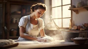 ai gegenereerd meisje kneedt deeg in bakkerij. vrouw werken net zo bakker en maakt brood. wijnoogst retro bakkerij interieur. foto