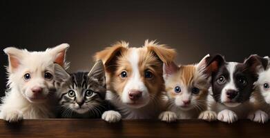 ai gegenereerd groep van schattig puppy's en kittens in een doos Aan een donker achtergrond. foto