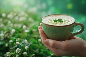 ai gegenereerd hand- Holding een Iers koffie kop Aan st. Patrick dag groen bokeh achtergrond foto