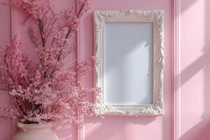 ai gegenereerd blanco wit afbeelding kader bespotten omhoog hangende Aan roze muur foto