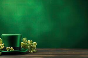 ai gegenereerd st. Patrick dag groen hoed Aan groen bokeh achtergrond foto