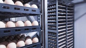technologie van broederij incubatie machine voor eieren kip, kip geboren werkwijze Aan de broederij productie. uitkomen eieren Aan de incubatie machine. foto
