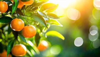 ai gegenereerd citrus takken met biologisch rijp vers sinaasappels mandarijnen groeit Aan takken met groen vertrekken achtergrond foto