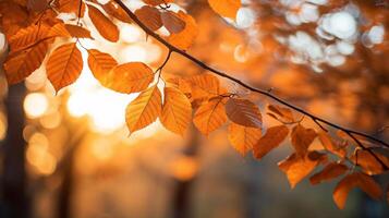 ai gegenereerd herfst landschap met oranje en geel bladeren Aan Afdeling met ochtend- zonlicht ,herfst achtergrond, generatief ai foto