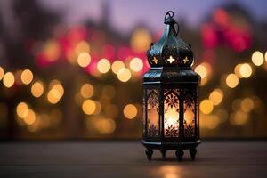 een Islamitisch lamp of Arabisch lantaarn versierd met een verlicht kaars in een feestelijk uitnodiging kaart voor de heilig maand van Ramadan foto