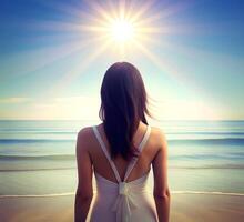 ai gegenereerd vrouw terug visie Aan de strand met zonnestraal foto