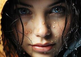 ai gegenereerd portret van mooi vrouw onder zwaar regen. regenachtig het weer. foto