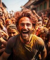 ai gegenereerd gelukkig mensen Bij de holi festival in Indië. tradities en cultuur. foto