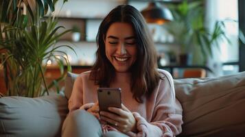 ai gegenereerd huis comfort, Latijns vrouw sms'en en boodschappen doen online met mobiel technologie foto