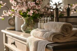 ai gegenereerd badkamer met delicaat bloemen en handdoeken Aan zonnig achtergrond. generatief ai foto