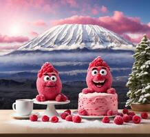 ai gegenereerd grappig roze framboos taart mascotte met kop van koffie en vulkaan fuji in de achtergrond foto